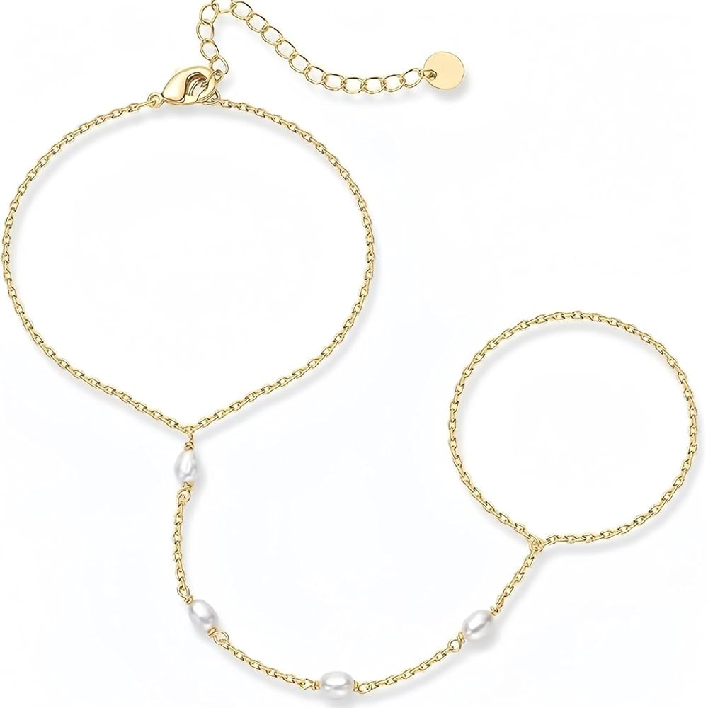 Hand Chain Jewelry for Women,Ring Chain Bracelet, 14K Yellow Gold Plated Dainty Cubic Zirconia Br... | Amazon (US)