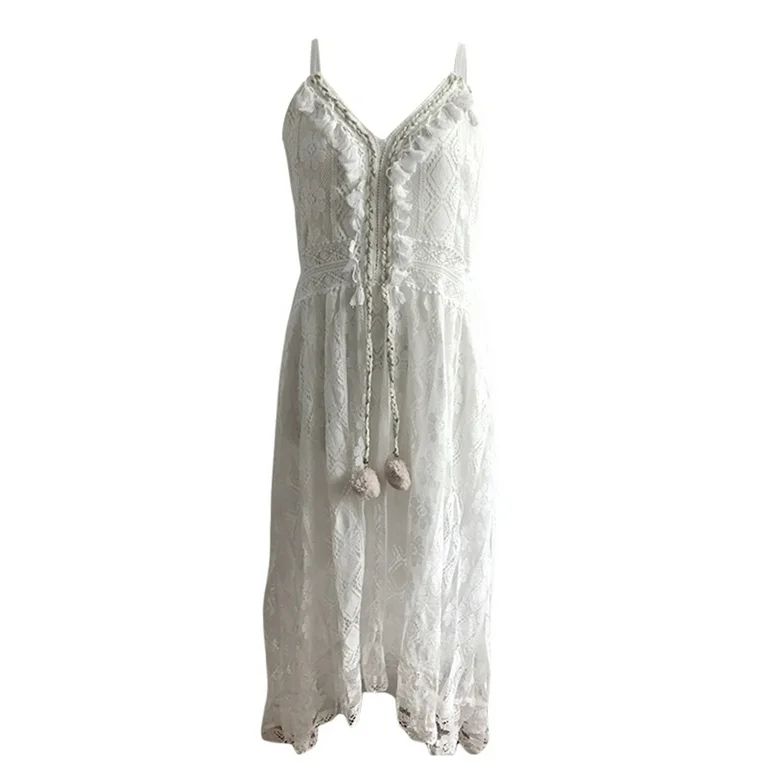 Women's Maxi Dress Lace Dresses Boho Tassel V-Neck Flare Ruffle Straps Beach Summer Long Dress | Walmart (US)