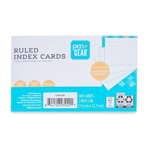 Pen+Gear Ruled Index Cards, 3" x 5", White, 100 Count | Walmart (US)