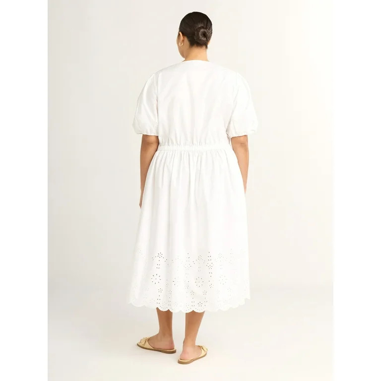 Free Assembly Women's and Women's Plus Tie Front Cotton Eyelet Midi Dress with Short Puff Sleeves... | Walmart (US)