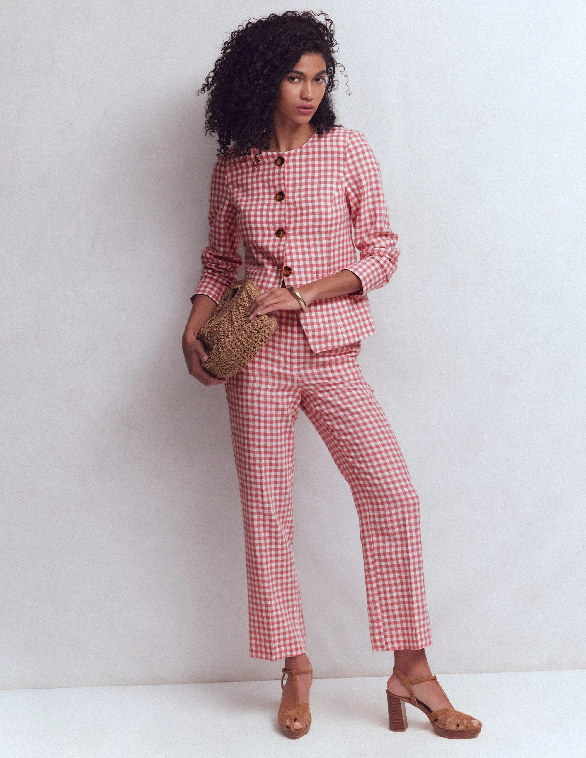 Canonbury Linen Trousers-Dusty Rose and Ivory Gingham | Boden UK