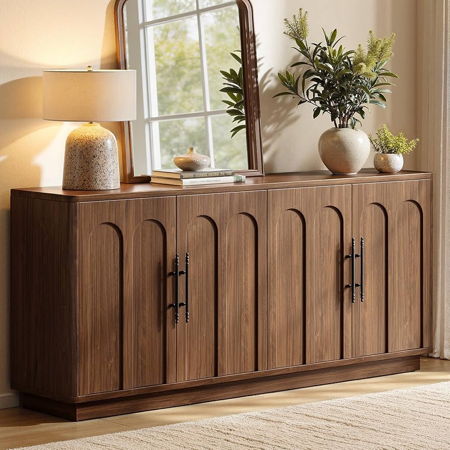 Evermagin 67" Arched Walnut Buffet Cabinet with Storage, Large Credenza with 4 Doors, Wood Mid Ce... | Amazon (US)