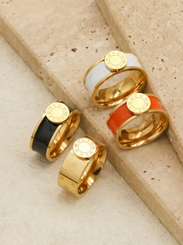 1 Piece Classic Stainless Steel Roman Digital Women Ring Flat Tray Design Gold Black White Orange... | SHEIN