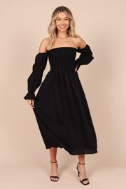 Domenica Shirred Long Sleeve Midi Dress - Black | Petal & Pup (US)