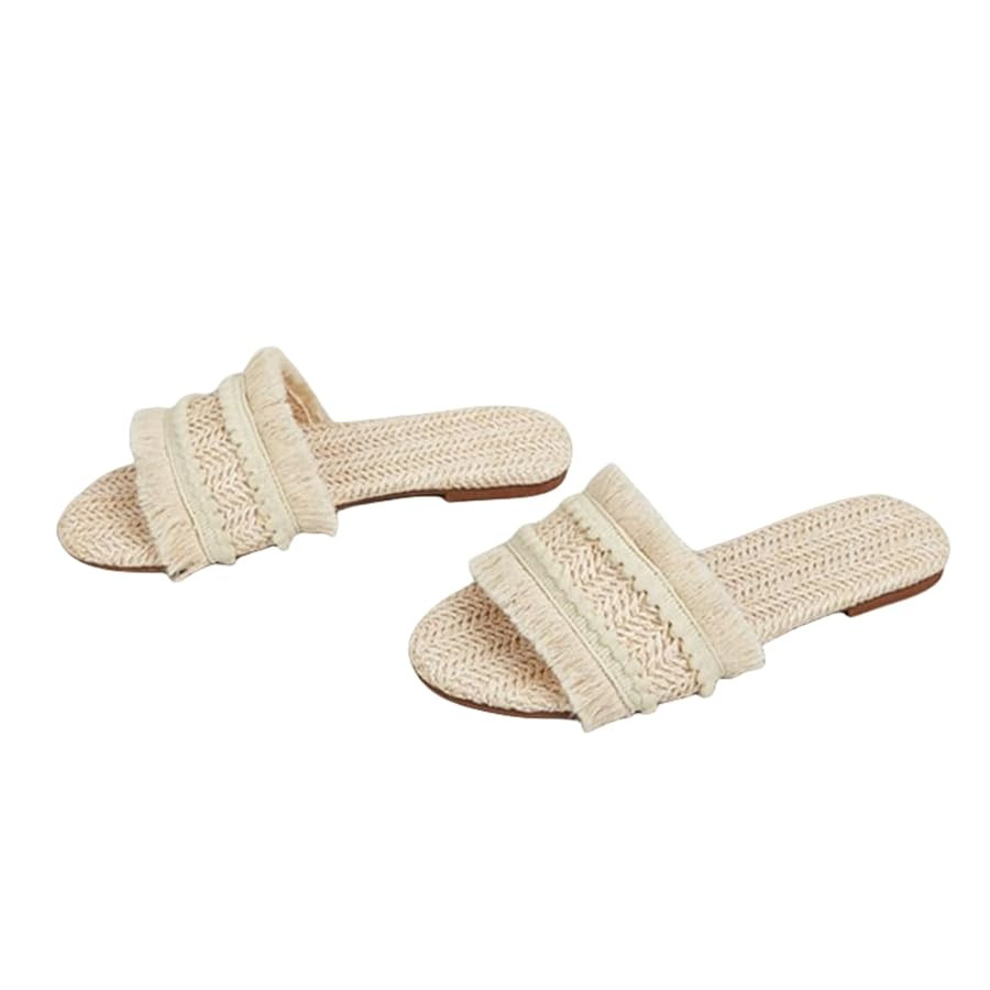 Women's Raffia Sandals Straw Woven Flats Fringe Crochet Nonslip Comfy Beach Slides for Summer | Amazon (US)