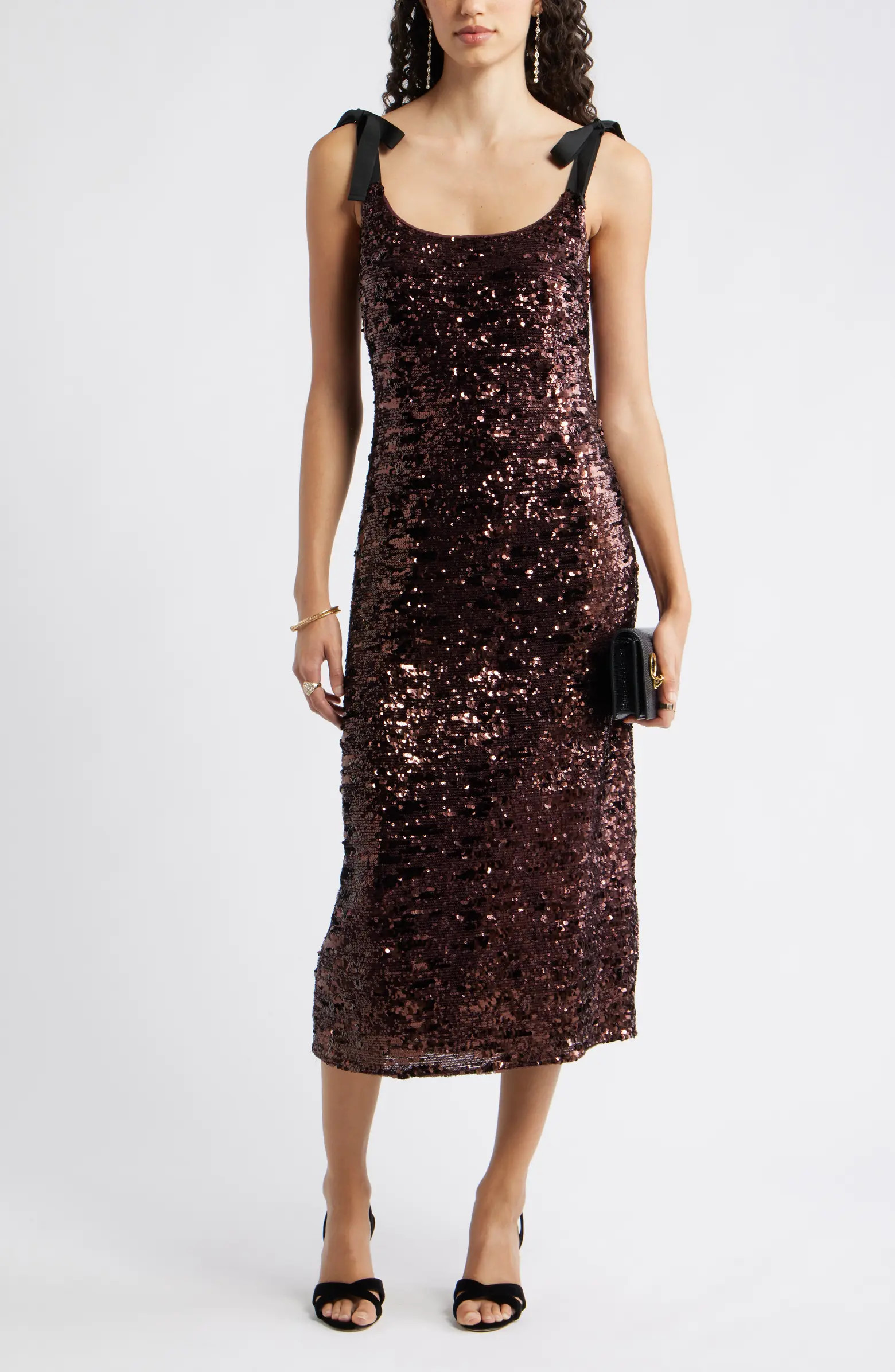Sequin Tie Shoulder Midi Dress | Nordstrom