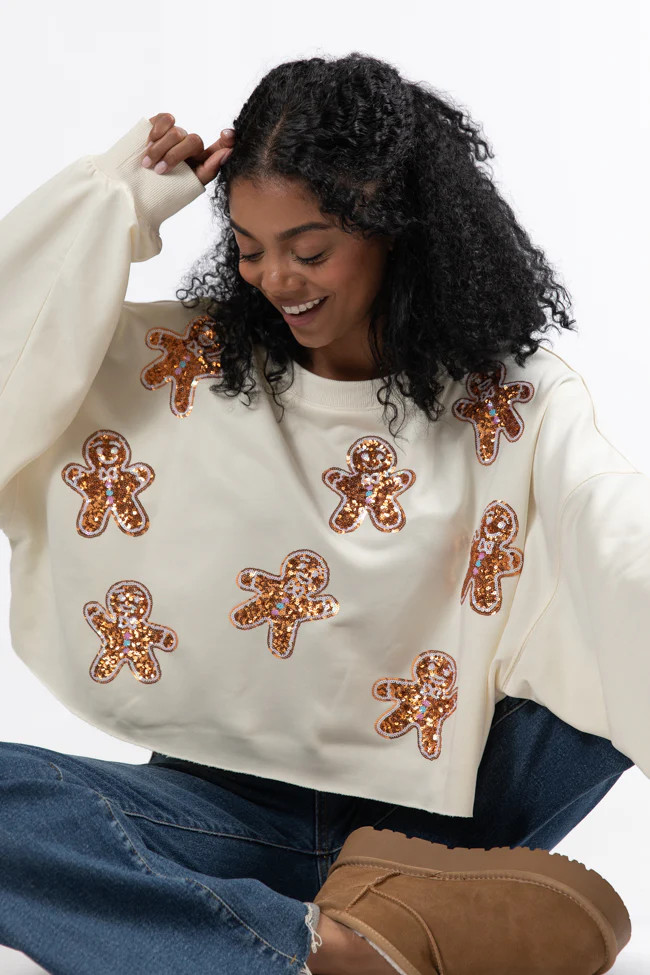 Let's Build A Gingerbread House Cream Sequin Patch Pullover | Pink Lily