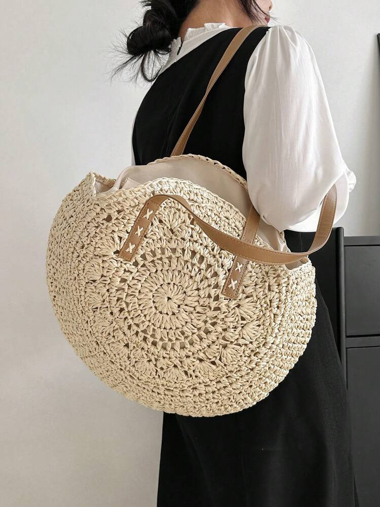 Hollow Out Woven Straw Beach Tote Bag For Vacation, Beach Necessities,Beach Essentials, Beach Stuff & Summer Essentials | SHEIN
