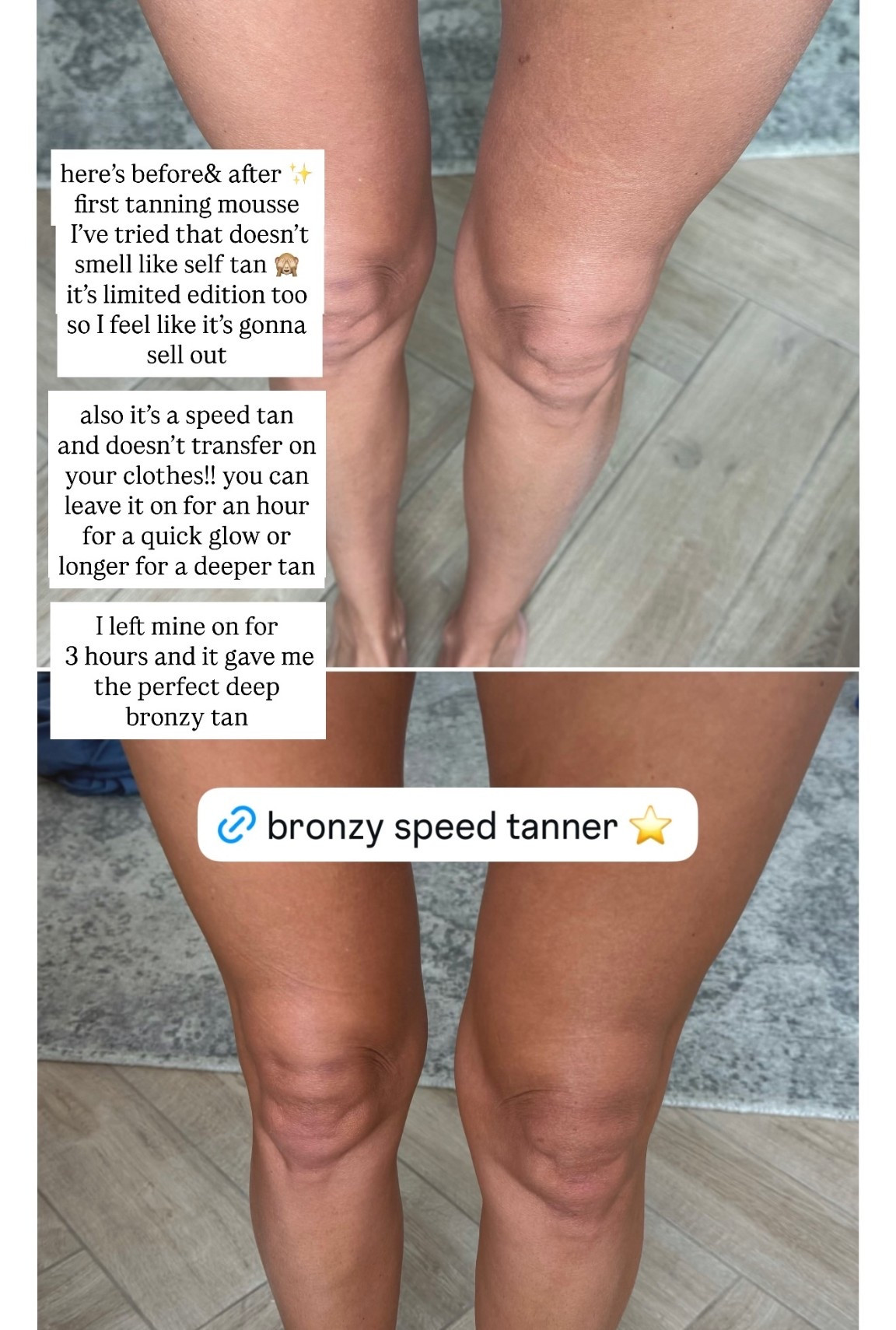 here’s before& after ✨ first tanning mousse I’ve tried that doesn’t smell like self tan 🙈 it’s limited edition too 
so I feel like it’s gonna sell out

also it’s a speed tan and doesn’t transfer on your clothes!! you can leave it on for an hour for a quick glow or longer for a deeper tan

I left mine on for 3 hours and it gave me the perfect deep bronzy tan 
On sale @Sephora 

#LTKBeauty #LTKSaleAlert #LTKselfcare