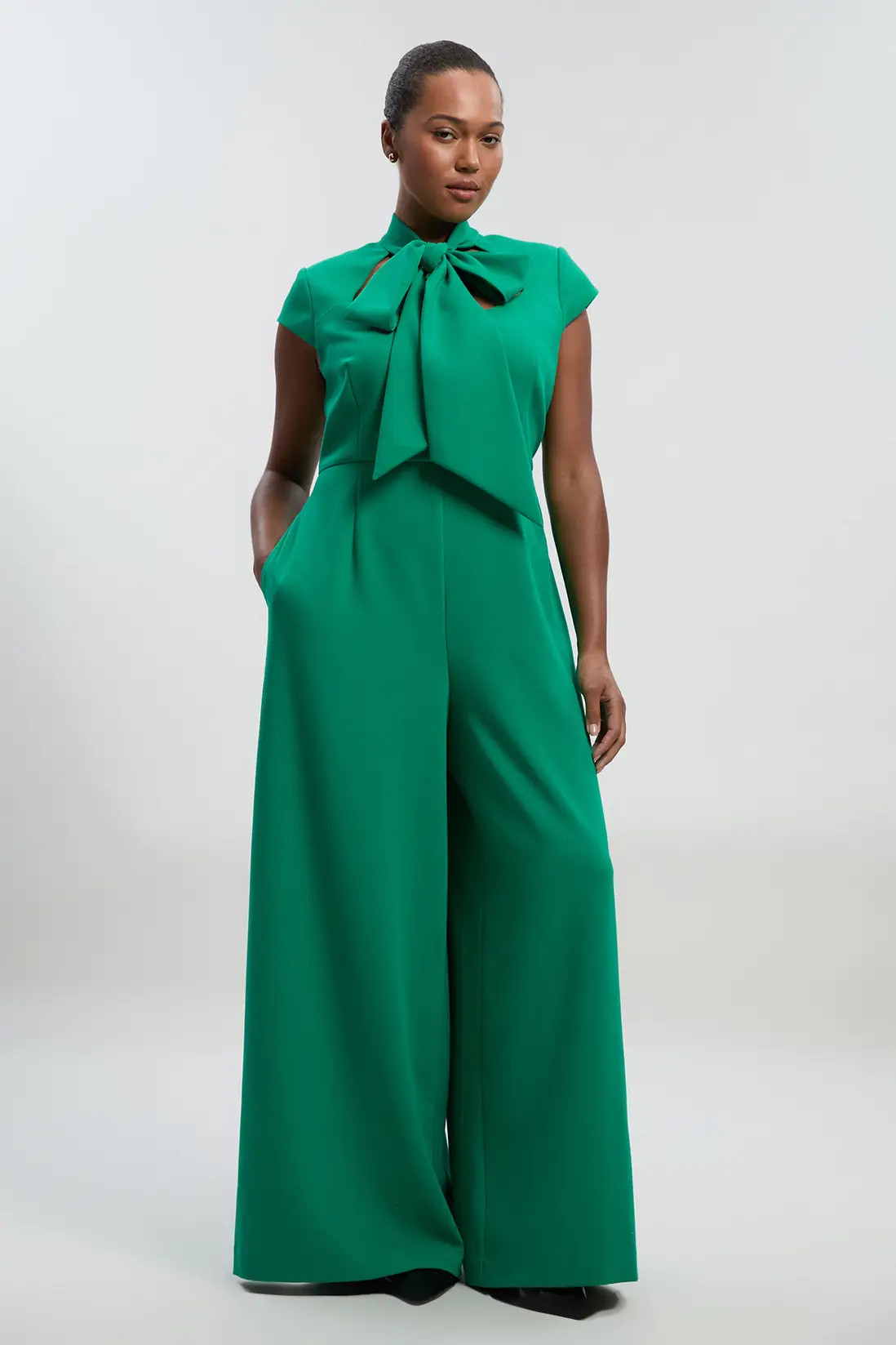 Emerald Plus Size Compact Stretch Bow Tie Neck Tailored Wide Leg Jumpsuit | Karen Millen | Karen Millen UK + IE + DE + NL