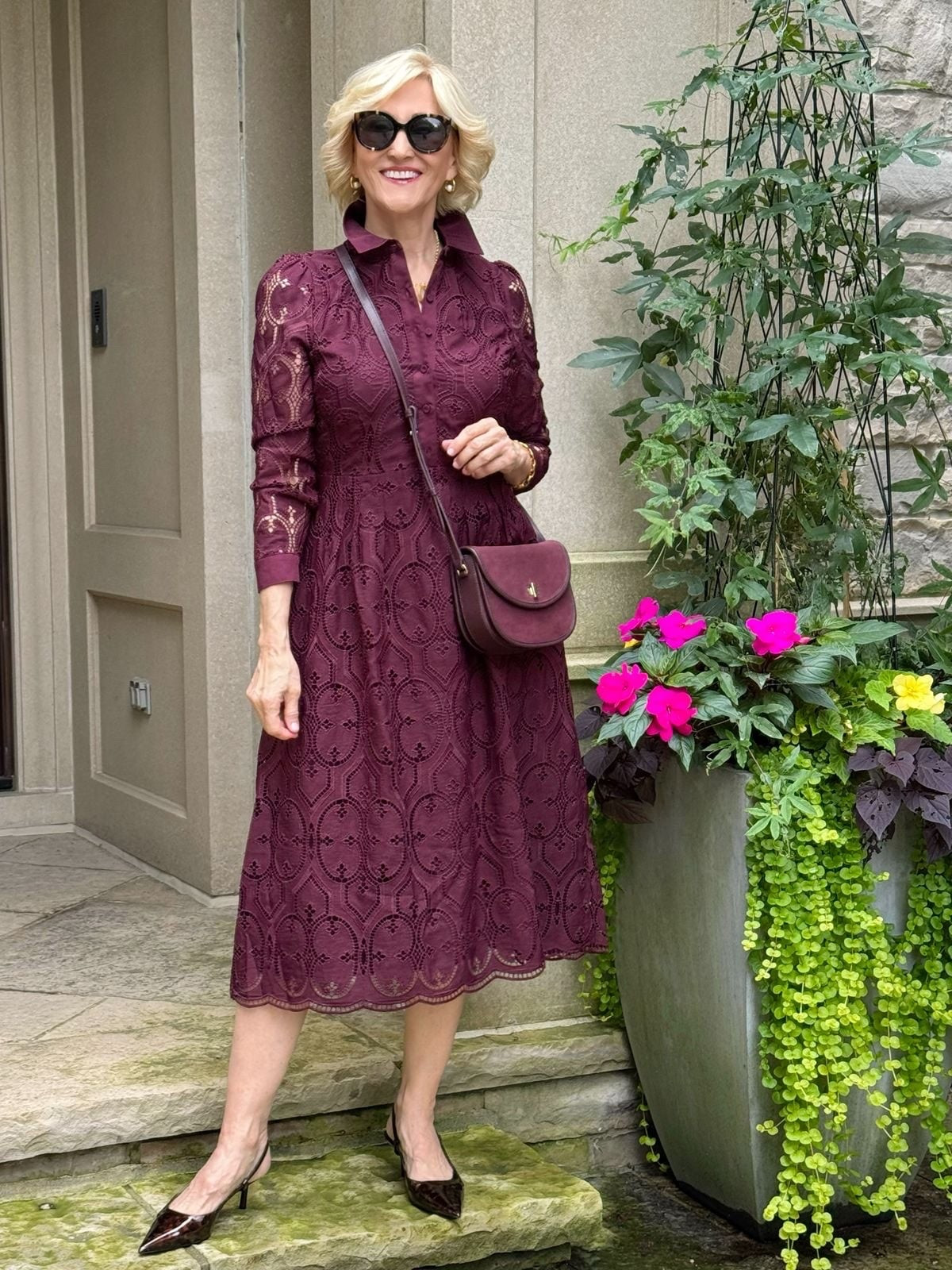 There’s just something about burgundy for fall that gets me every time. ❤️

I love the combination of this long-sleeve lace dress with the matching crossbody and slingbacks. It feels feminine and polished without being overly dressed up—and the rich burgundy color makes the whole look feel extra special.

This is one of those outfits that would work beautifully for a dinner date, a special lunch, or even a fall event. Add a little jewelry and you’re ready to go!

#LTKSeasonal #LTKOver40 #LTKootd