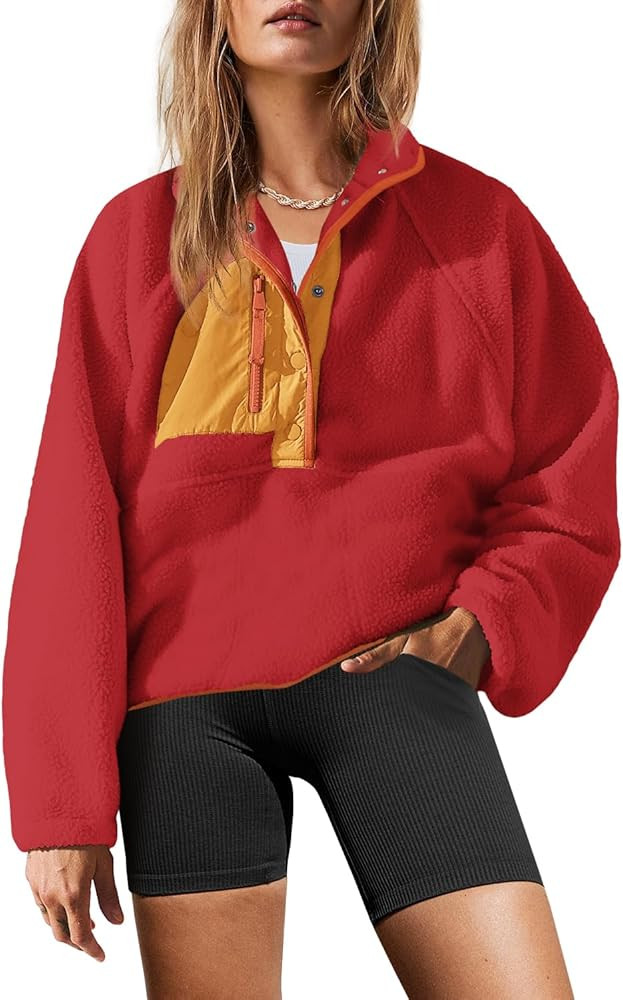 Yanekop Womens Fuzzy Fleece Pullover Sherpa Sweatshirt Long Sleeve Button Down Sweater Jacket wit... | Amazon (US)