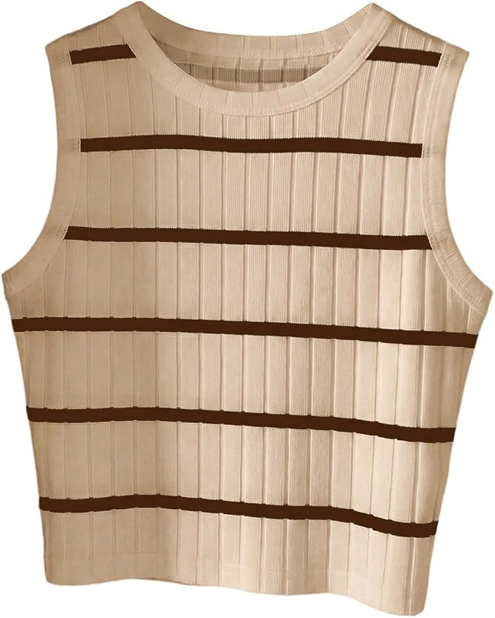 SweatyRocks Women's Striped Ribbed Tank Tops Crew Neck Crop Top | Sleeveless，Summer Crop Top，... | Amazon (US)