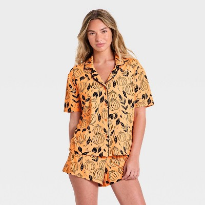 Women's Halloween Jersey Short Sleeve Notch Collar Top and Shorts Pajama Set - Hyde and EEK! Boutique™ Orange XL | Target