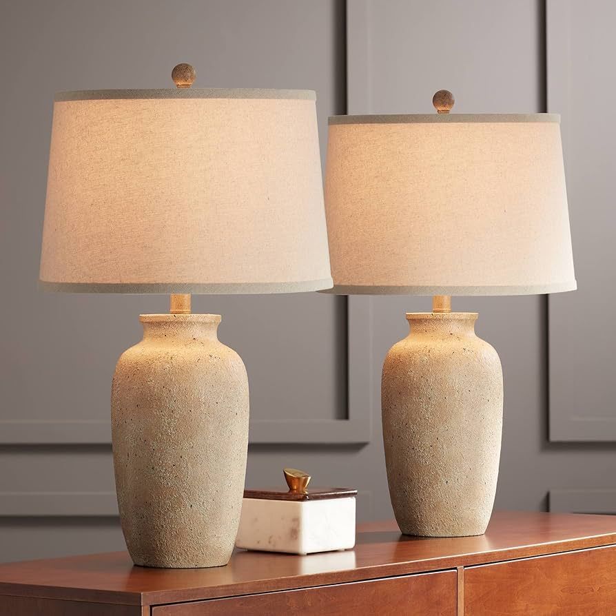 Regency Hill Rustic Farmhouse Table Lamps 25 1/2" Tall Set of 2 Beige Oatmeal Fabric Drum Shades ... | Amazon (US)
