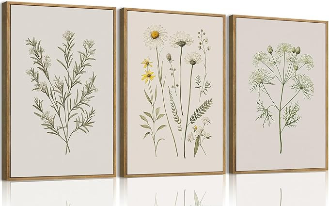 Wodkwq 3 Piece Framed Wall Art Vintage Wall Decor Wildflower Canvas Art Botanical Pictures Floral... | Amazon (US)