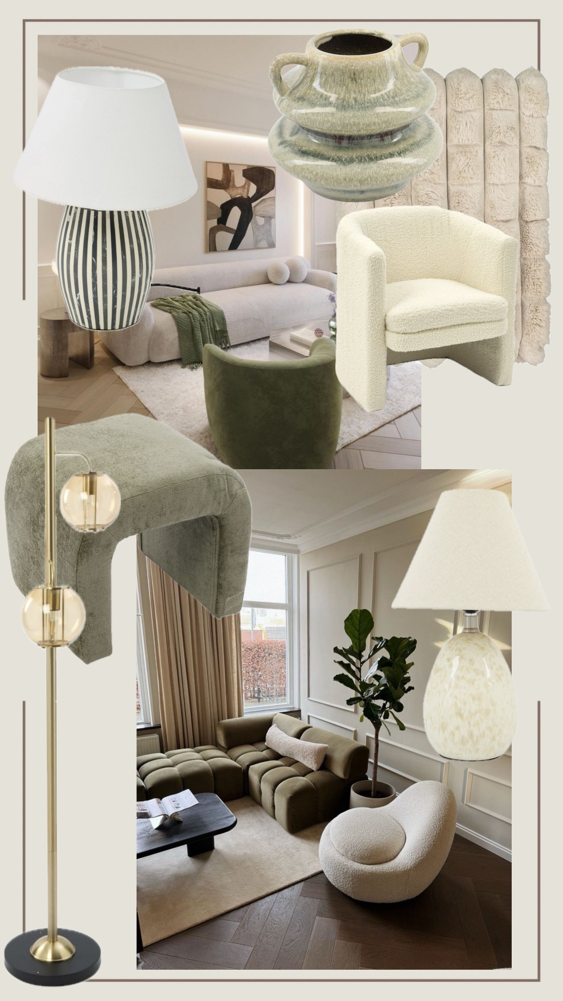 Chairs & Seating:
cream boucle chair
curved accent chair
green velvet chair
olive lounge chair
boucle swivel chair
modern accent seating
Lighting:
striped ceramic table lamp
cream cone shade lamp
marble table lamp
brass floor lamp
globe floor lamp
modern sculptural lamp
Decor & Accessories:
textured ceramic vase
neutral ceramic vase
cream fur throw
boucle throw blanket
sculptural decor
minimal pottery vase
Living Room Inspo:
neutral living room
cream and green living room
earthy modern decor
cozy modern living room
warm neutral aesthetic
Scandinavian living room inspo
Furniture Pieces:
boucle sofa
modular sofa olive
tufted sectional sofa
modern coffee table
curved sofa inspo

#LTKuk #LTKeurope #LTKhome