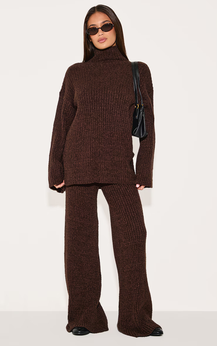 Chocolate Rib Boucle Knit Wide Leg Trouser | PrettyLittleThing UK