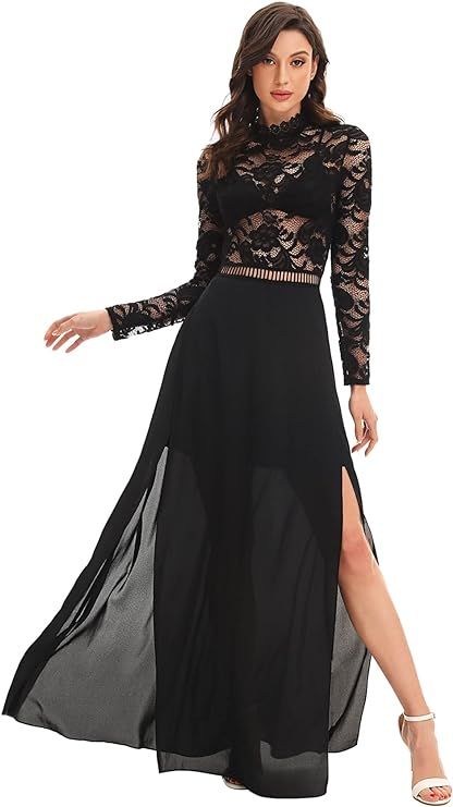 SweatyRocks Women's Sexy Sheer Lace Long Sleeve Split Maxi Cocktail Long Party Dresses | Amazon (US)