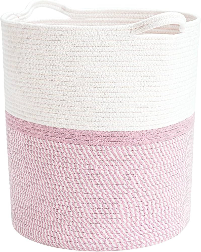 INDRESSME Cotton Basket 16.2 x 14.2 x 13.4 inches Woven Hamper Pink Girl Basket for Gift Toy Blan... | Amazon (US)