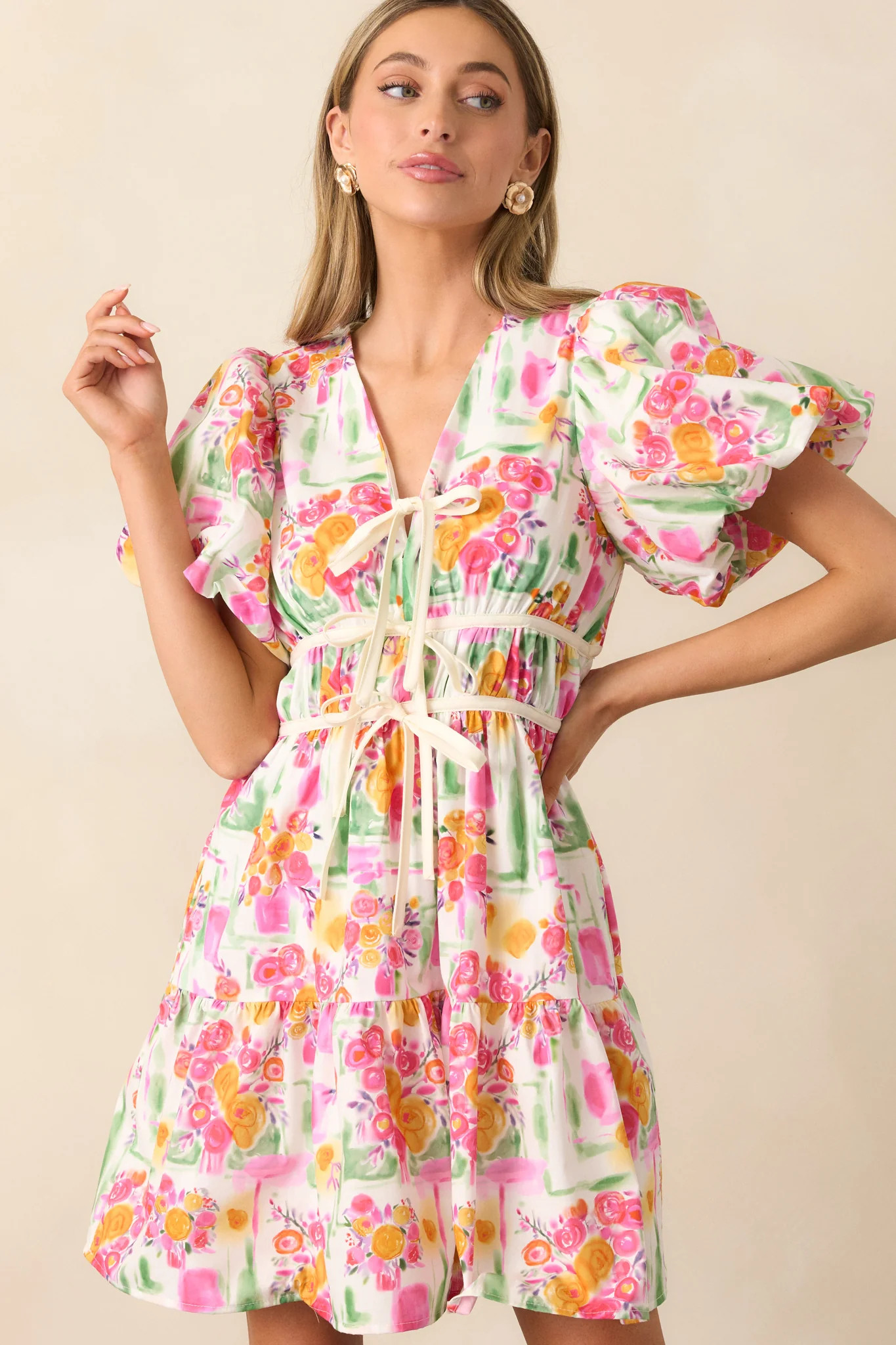 Yours Truly Pink Floral Cotton Puff Sleeve Mini Dress | Red Dress