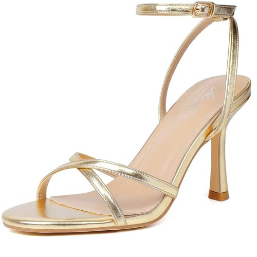 Mostrin Gold Strappy Heels for Women Lace Up Ankle Strap Round Open Toe Stiletto High Heels Women's Heeled Sandals for Prom, Party, Daily Size 11 | Amazon (US)