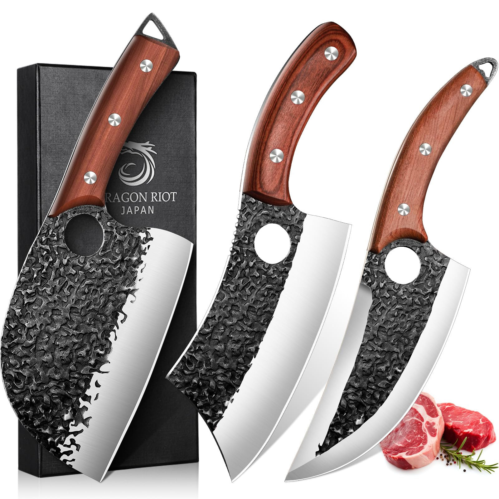 DRAGON RIOT Professional Butcher Knife Set for Meat Processing, 3Pcs High Carbon Steel Hand Forge... | Amazon (US)