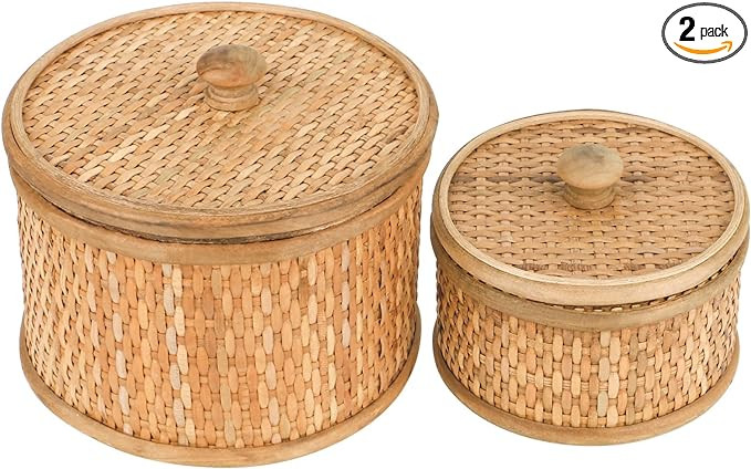 Rattan Round Decorative Box with Lid, Set of 2(Natural 7 inches and 5inches Diameter), Bohemian W... | Amazon (US)