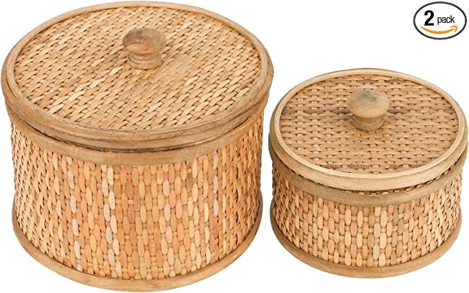 HUAXIN CRAFT H Rattan Round Decorative Storage Box with lid, Set of 2(Natural 7 inches and 5 inch... | Amazon (US)