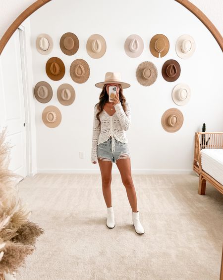 Spring outfit inspo - crochet top, distressed high rise denim shorts, ankle boots (on sale) & fedora hat (on sale) #ltksalealert

// #ltkstyletip #ltkfind #ltkunder50 #ltkunder100 #ltkseasonal #ltkshoecrush spring outfits, spring fashion, spring style, summer outfit, summer outfits, summer fashion, festival outfit, Nashville outfit, crop top, sweater, high waisted denim shorts, high waist, spring shoes, spring boots, neutral style, Lulus, Lack of Color, Matisse
