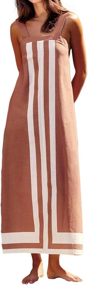 Color Block Maxi Dress for Women Summer Striped Square Neck Backless Long Dress Casual Flowy Vaca... | Amazon (US)