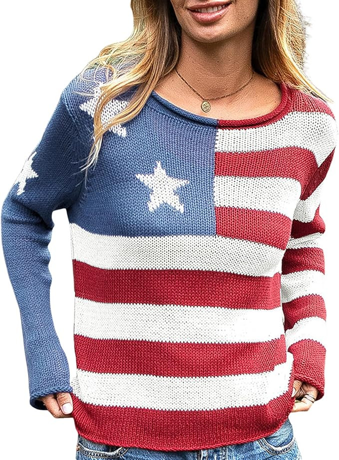 Women American Flag Sweater Loose Vintage USA Sweatshirt Long Sleeve Crewneck Hollow Out 4th of J... | Amazon (US)