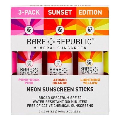 Bare Republic Neon Sunset Sunscreen Stick Set - SPF 50 - 3ct/0.9oz | Target