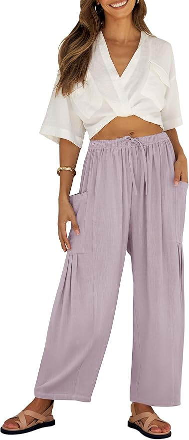 ZESICA Women's Linen Wide Leg Pants High Waist Drawstring Casual Loose Flowy Palazzo Harem Trouse... | Amazon (US)