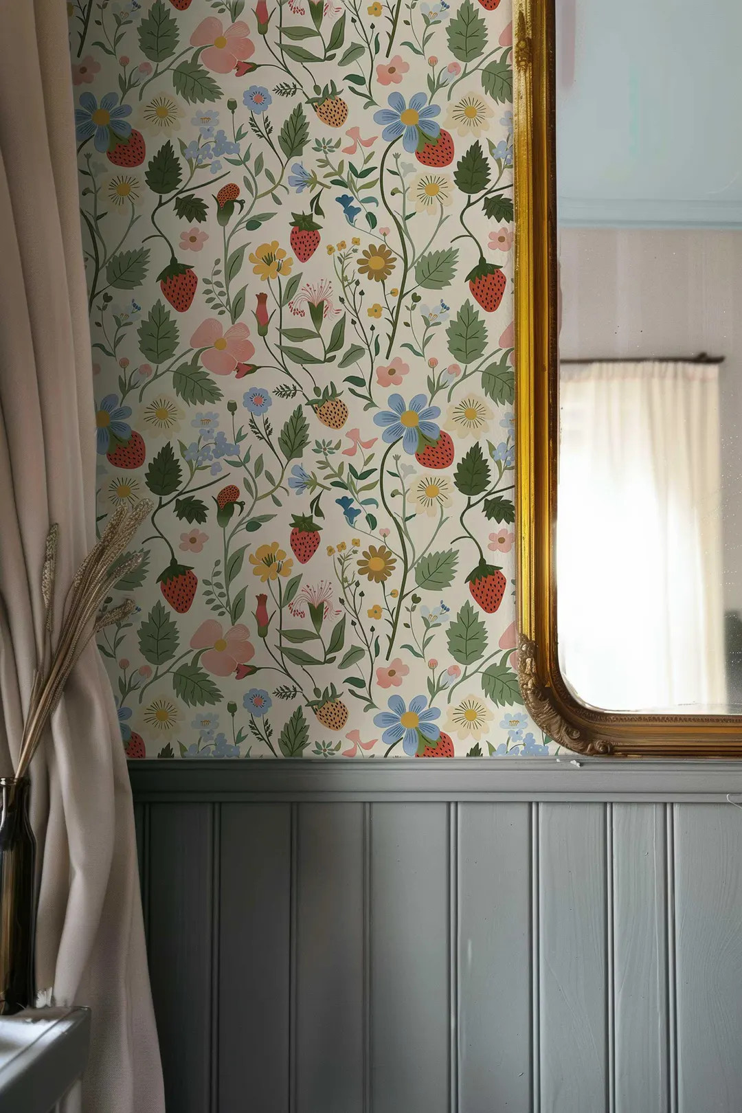 Vintage Wildflower Strawberry Wallpaper, Removable Peel and Stick Flower and Fruit Wall Mural, Bo... | Etsy (US)