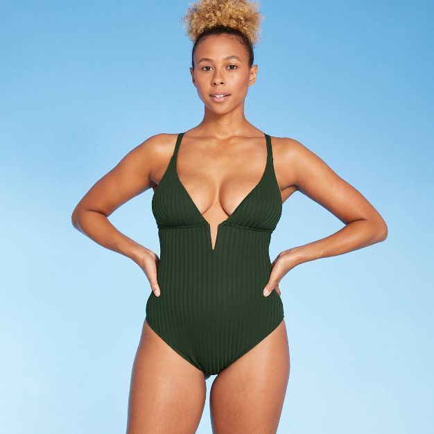 Women's Ribbed Plunge Front V-Wire One Piece Swimsuit - Shade & Shore™ | Target