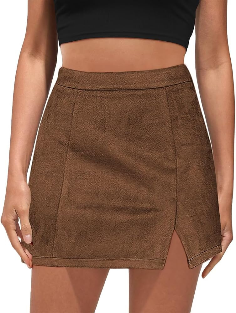 Womens Faux Suede Short Skirts Zipper High Waist Bodycon A-Line Side Split Mini Skirt | Amazon (US)