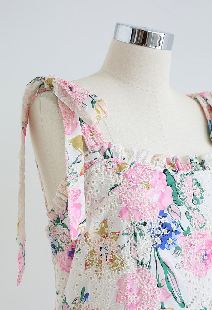 Pink Floral Embroidered Eyelet Tie-Strap Maxi Dress | Chicwish