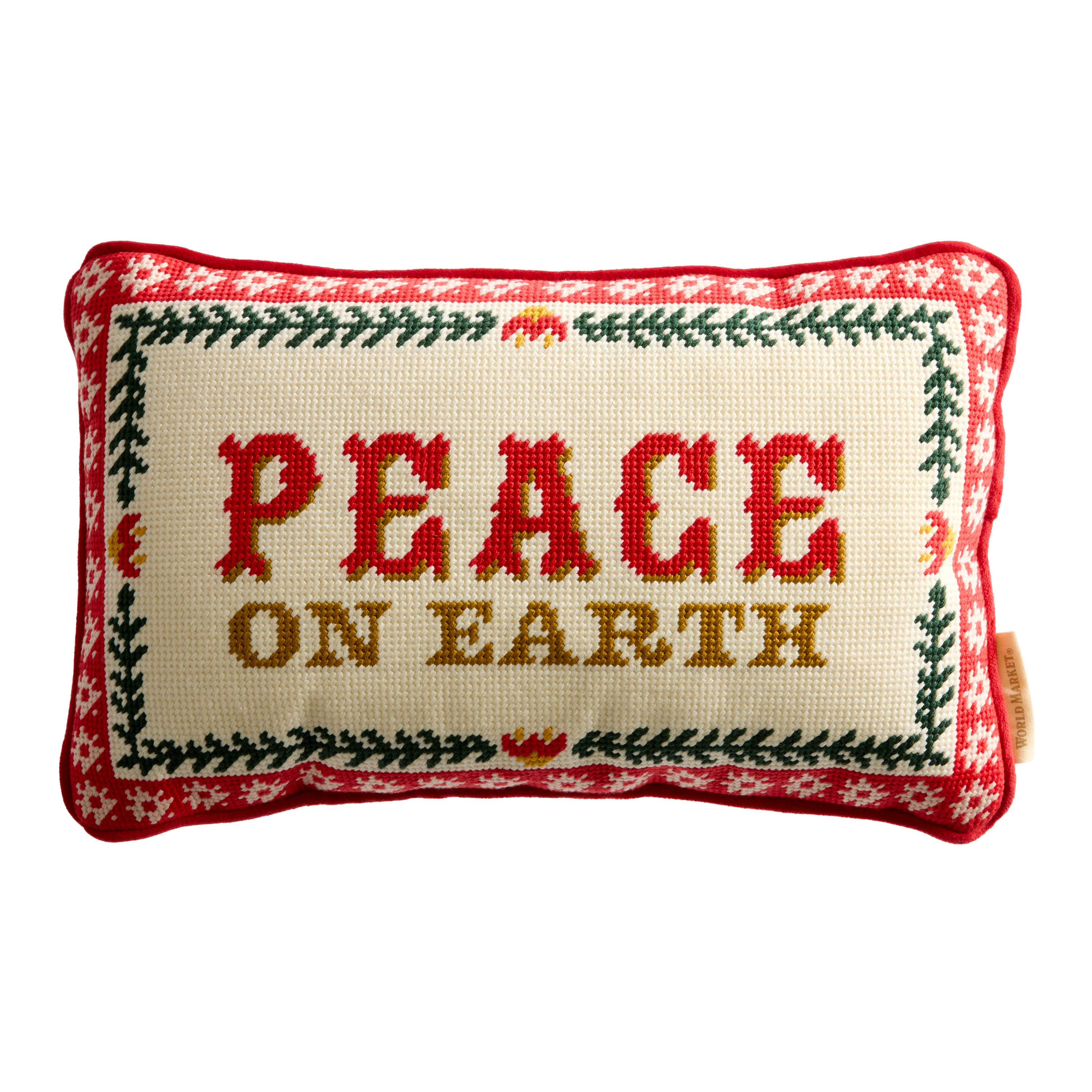 Red and Ivory Peace on Earth Needlepoint Lumbar Pillow | World Market