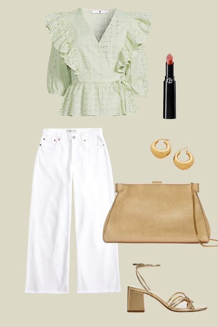Styling white jeans - broderie blouse, broderie top, gold clutch, gold jewellery, gold sandals 