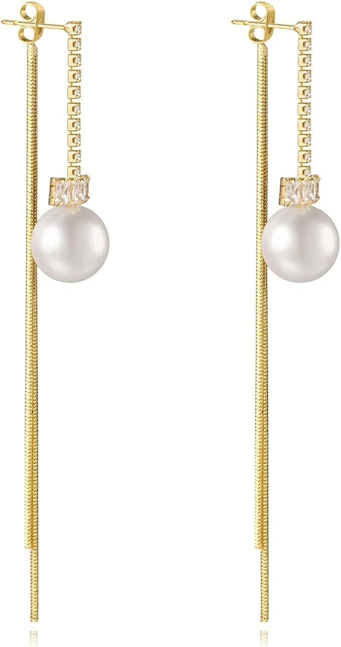 Long Pearl Earrings for Women 14K Gold Plated Pearl Dangle Earrings Hypoallergenic Elegant Gold P... | Amazon (US)