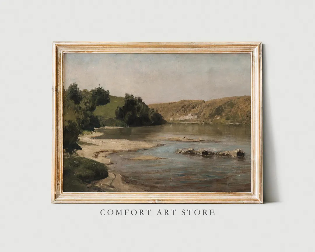 Vintage River Landscape Print Tree Landscape Painting Farmhouse Decor Moody Summer River Rustic W... | Etsy (US)