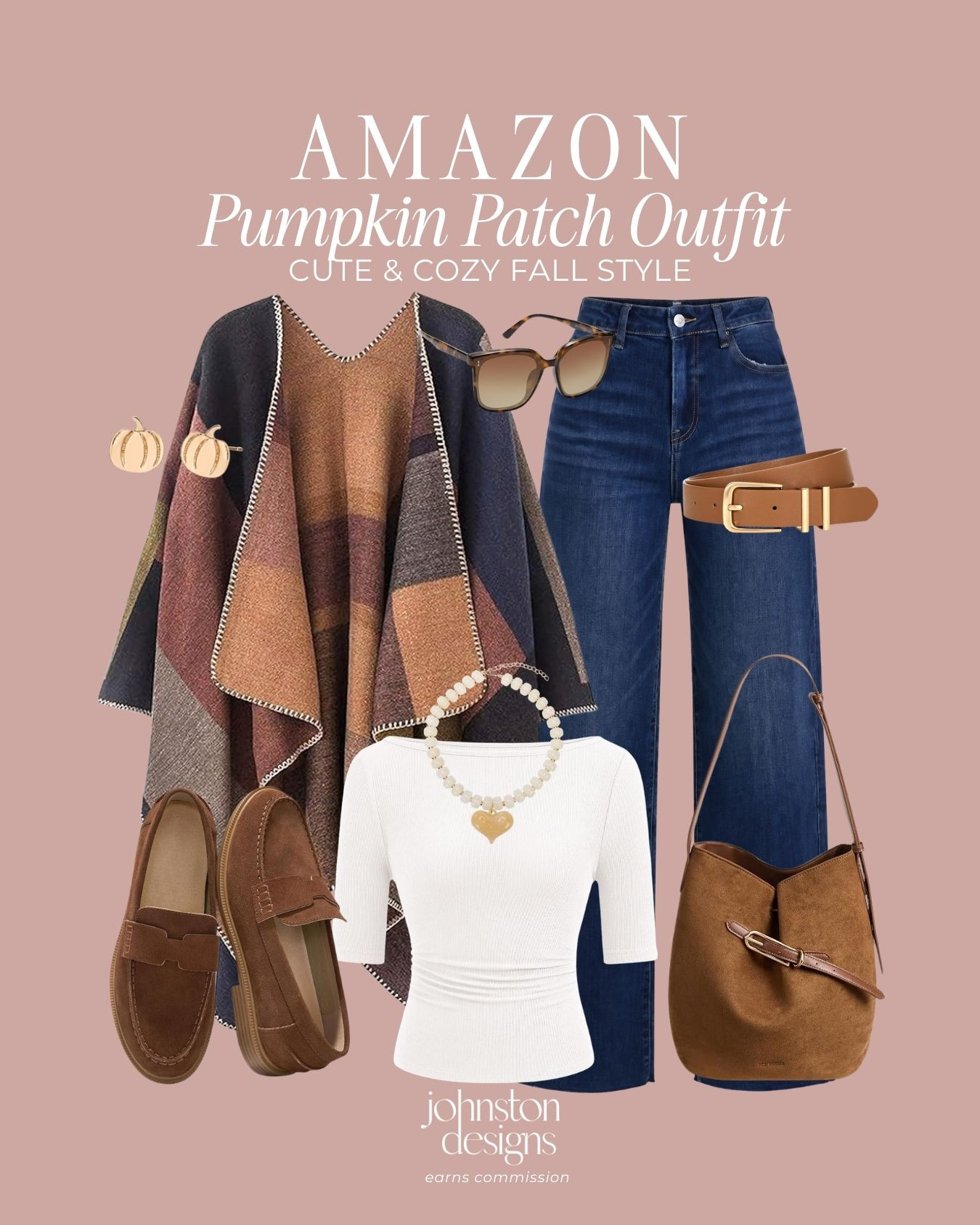 Cute & cozy fall style perfect for a day at the pumpkin patch. 🎃 A warm plaid poncho wrap layered over a white fitted top pairs with straight-leg denim, brown suede loafers, a matching buckled shoulder bag, a classic leather belt, and adorable pumpkin earrings.

Amazon pumpkin patch outfit, plaid poncho wrap cape, white fitted rib knit top, straight leg blue jeans, brown suede loafers, tan buckled shoulder bag, cognac leather belt, pumpkin dangle earrings, beaded heart pendant necklace, casual fall outfit ideas, women’s Amazon fashion

#amazonfinds #amazonfashion #pumpkinpatchoutfit #falloutfit #cozystyle #plaidponcho #suedeloafers #autumnoutfits #casualfallstyle #everydayfashion 

 #LTKootd #LTKSeasonal