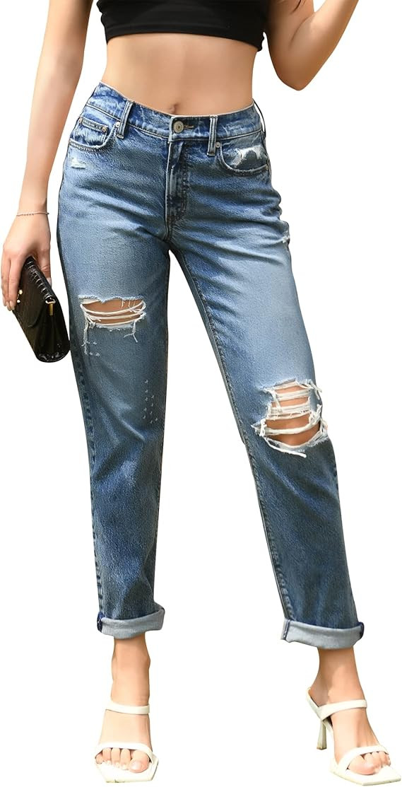 OFLUCK Women Ripped High Waisted Jeans Frayed Raw Hem Regular Fit Boyfriend Distressed Denim Pant... | Amazon (US)