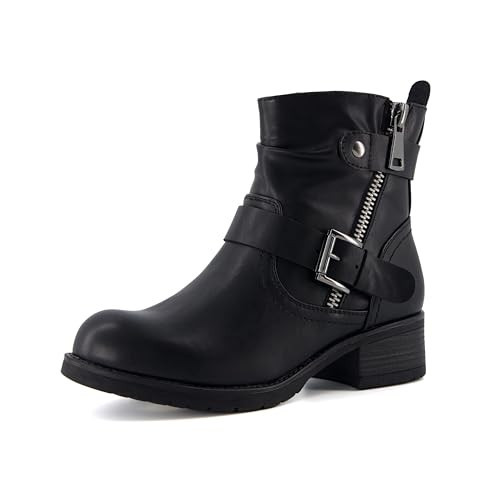 Dunes Max Motorcycle Womens Ankle Boots – Comfortable Booties for Women with Zipper & Buckle, Combat Boots Style, Memory Foam, Wide Width Options | Amazon (US)