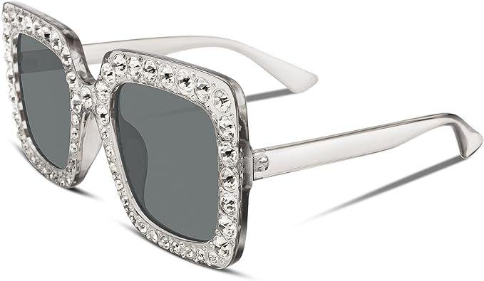 FEISEDY Women Sparkling Crystal Sunglasses Oversized Square Thick Frame B2283 | Amazon (US)