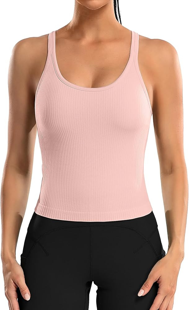 ATTRACO Women Ribbed Workout Crop Tops with Built in Bra Yoga Racerback Tank Top Tight Fit | Amazon (US)