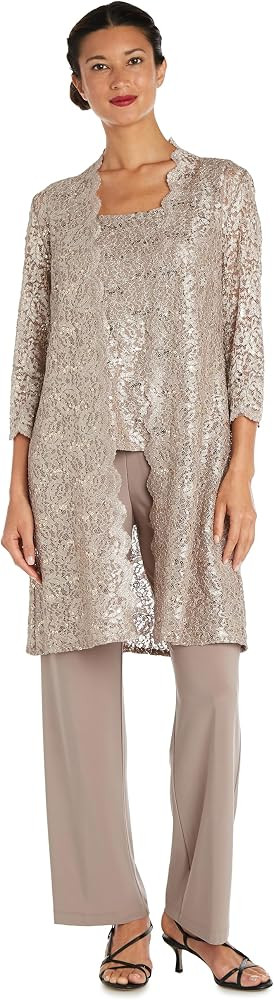 R&M Richards Women's 3-Piece Glitter Lace Scallop Duster Pant Set W/Matching Tank Top & Knee Leng... | Amazon (US)