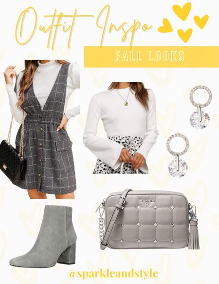 Outfit Inspo: Fall Looks 

This grey plaid pinafore/overall dress is adorable! I styled it with a white bell sleeve top, grey quilted purse, grey booties, and silver diamond drop earrings! 