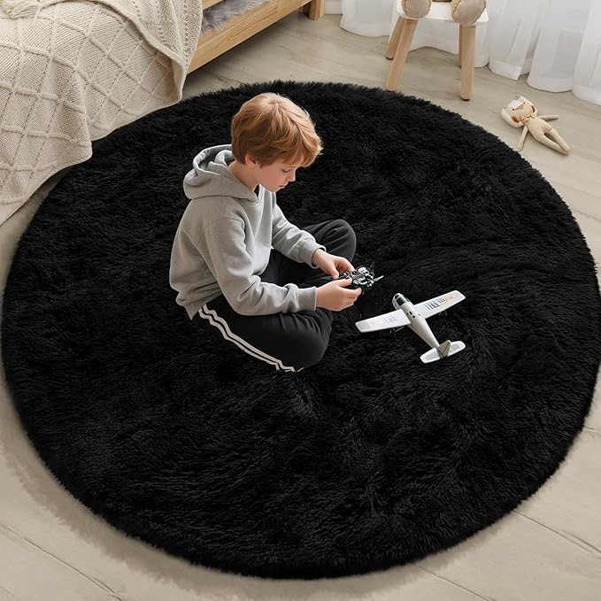 EVOIONOS Black Round Rug for Bedroom, 4x4 Ft Fluffy Soft Circle Area Rugs for Living Room, Plush ... | Amazon (US)